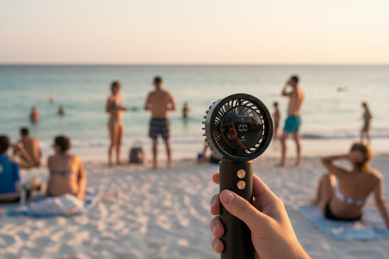 Wiatrak na plaży z ludźmi w tle